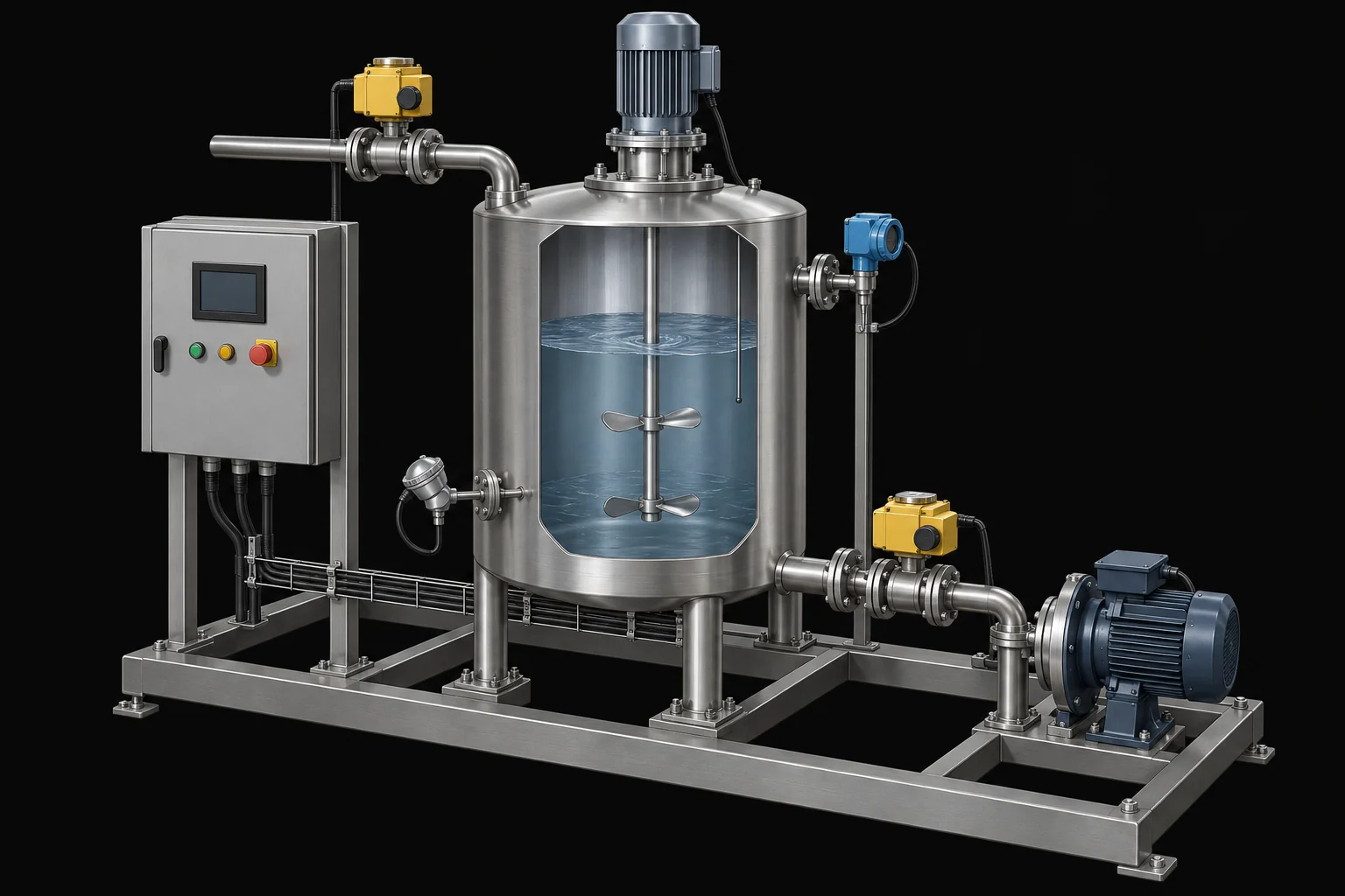 Cutaway mixing skid showing a tank, mixer, measurement instruments and actuated inlet and outlet valves
