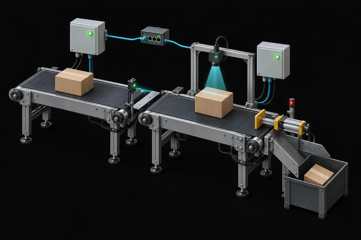 Two-station carton inspection line with a camera, reject cylinder and collection bin