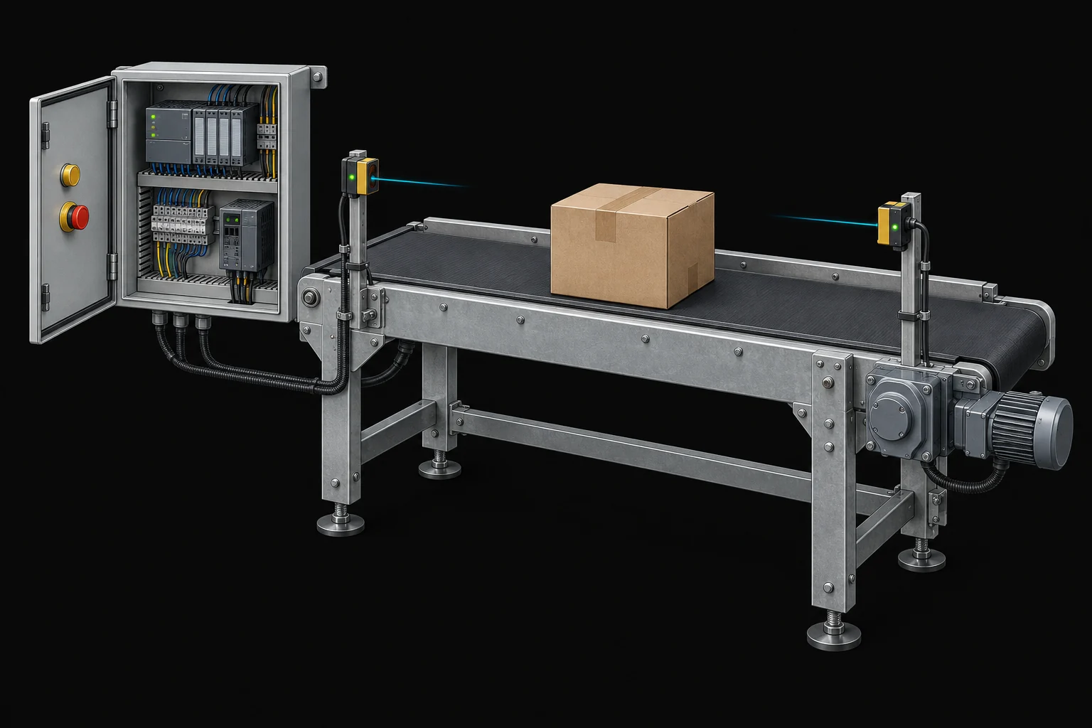 Carton transfer conveyor with two photoeyes, a motor drive and an open PLC cabinet